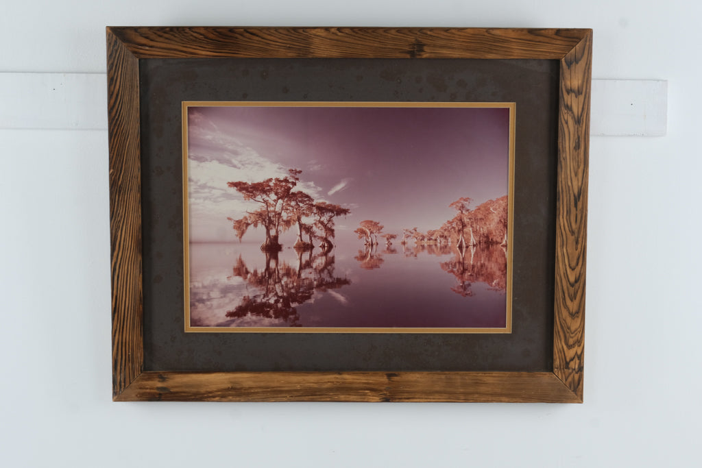 Vintage Infrared Cypress Trees Lake Photograph – Signed Landscape Print in Rustic Wood Frame (29” x 23”)