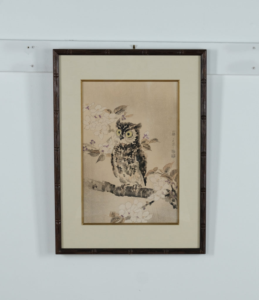 Framed Japanese Woodblock Print – Owl on Branch