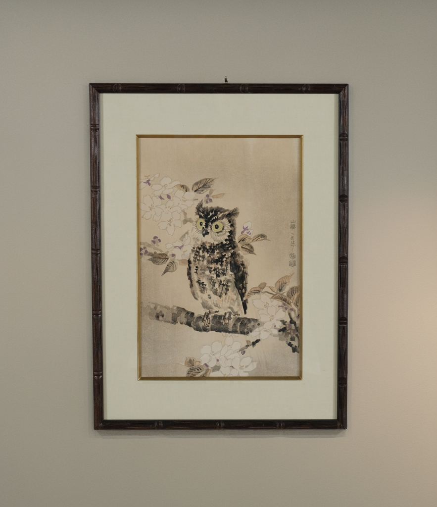 Framed Japanese Woodblock Print – Owl on Branch