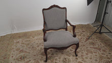 Load and play video in Gallery viewer, Wonderfully Carved Bergère Arm Chair - Gray Upholstery
