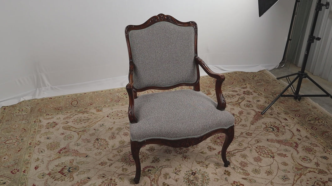 Wonderfully Carved Bergère Arm Chair - Gray Upholstery