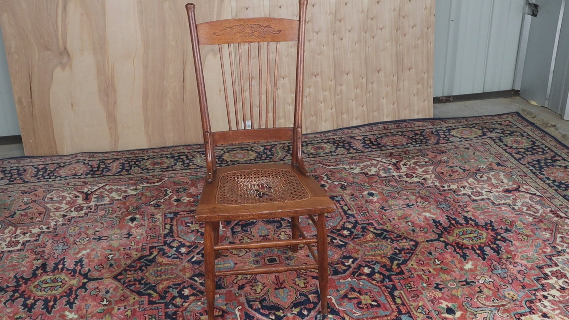 Antique Oak Chair with Cane Seat and Pressed Back Craze