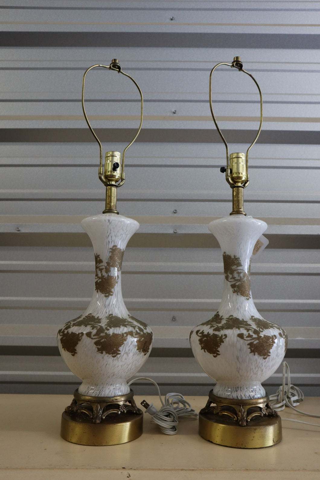 Vintage White Murano Lamps with Gold Detailing