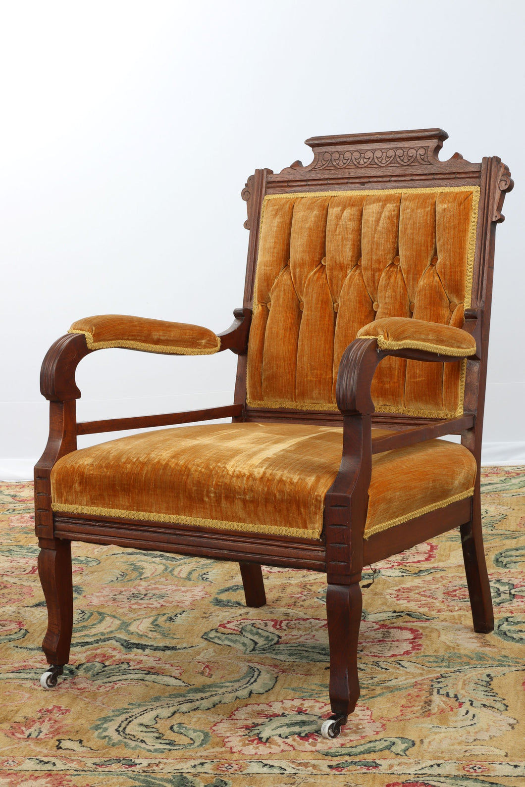 Antique Eastlake Arm Chair with Tufted Back - Orange Velvet