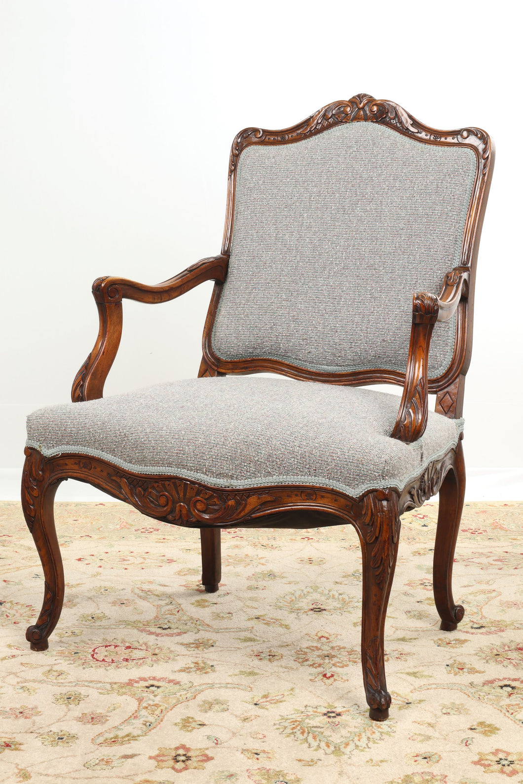 Wonderfully Carved Bergère Arm Chair - Gray Upholstery