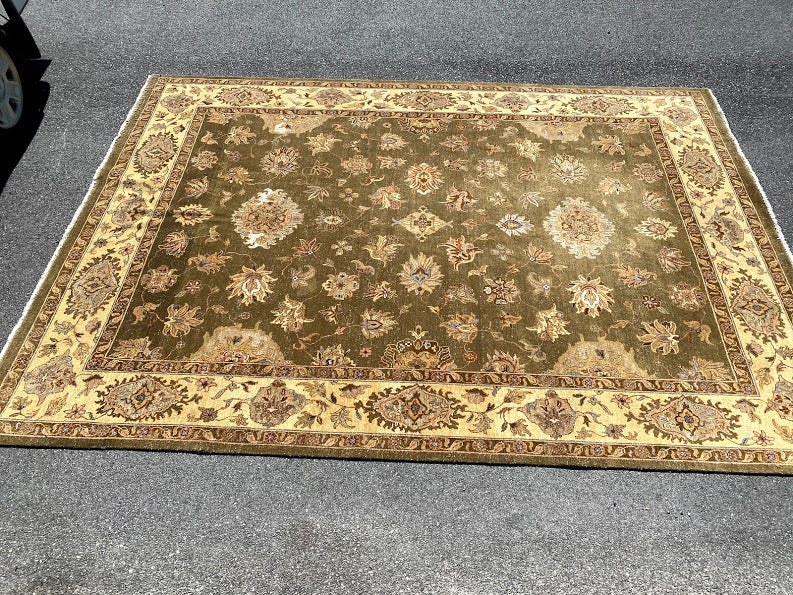 Room Sized Sage and Gold Wool Rug - Hand Made - 12 x 9