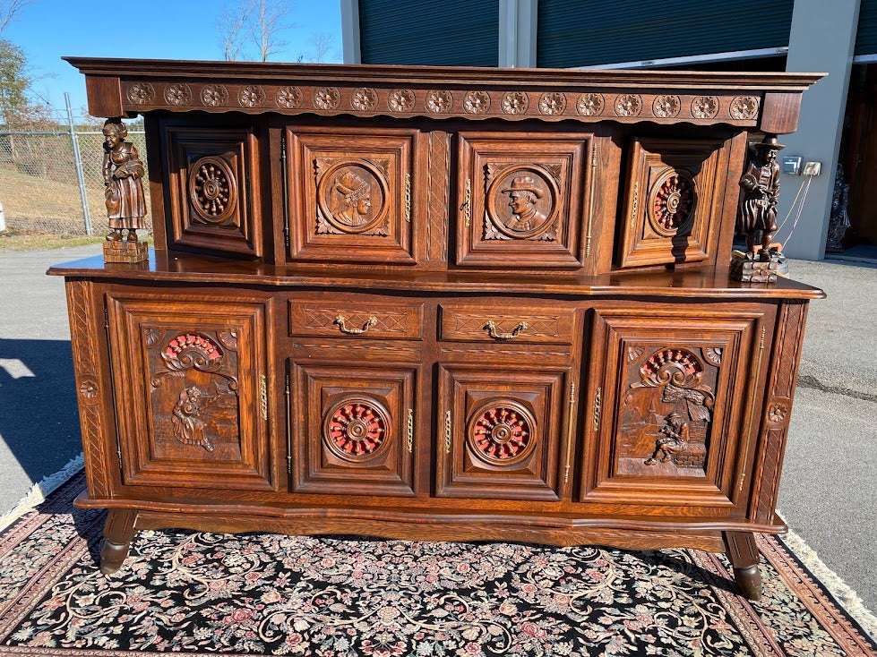 Oak Dutch Figural Carved Continental Cabinet / Cupboard