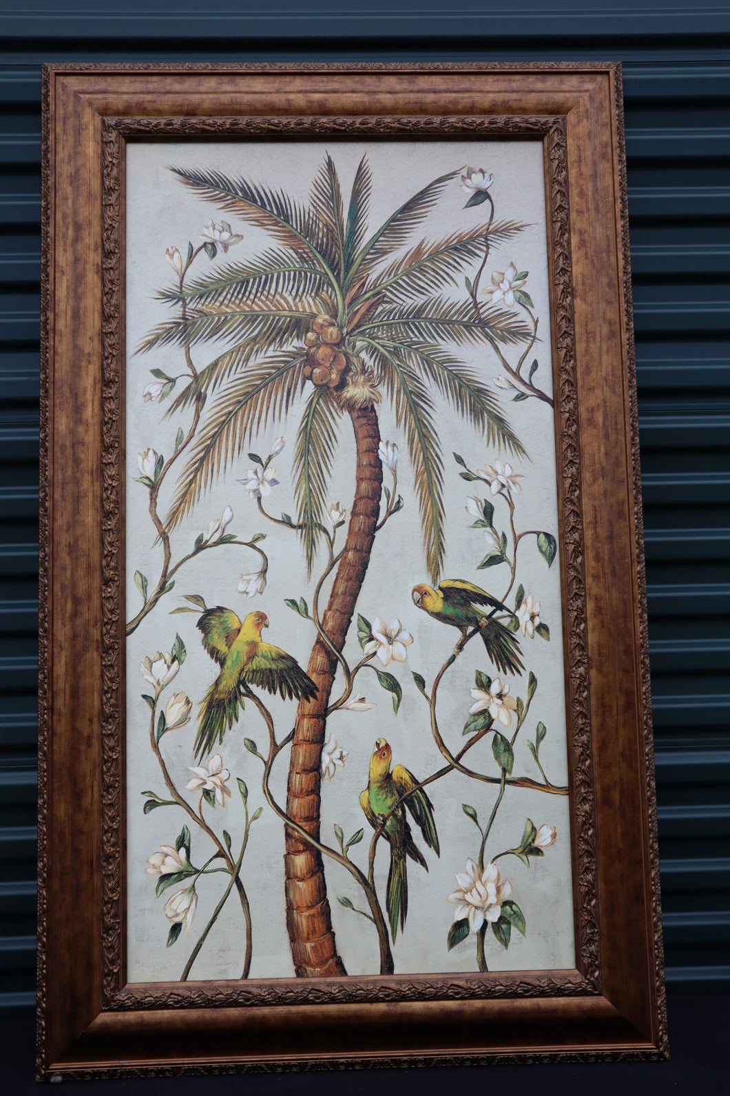 Large Framed Palm Tree and Parrot Painting