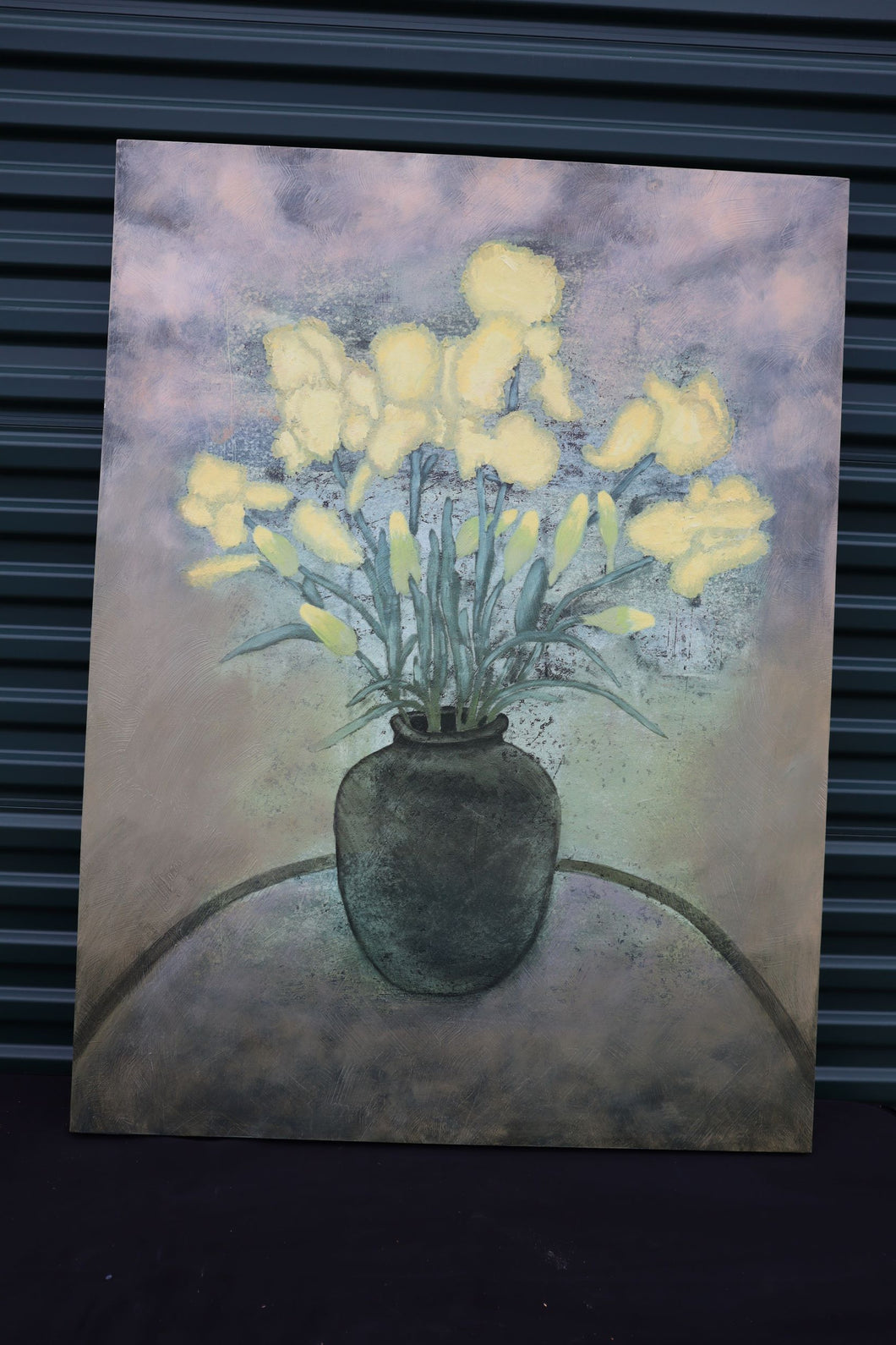 Large Painting Featuring Yellow Flowers and Green Vase