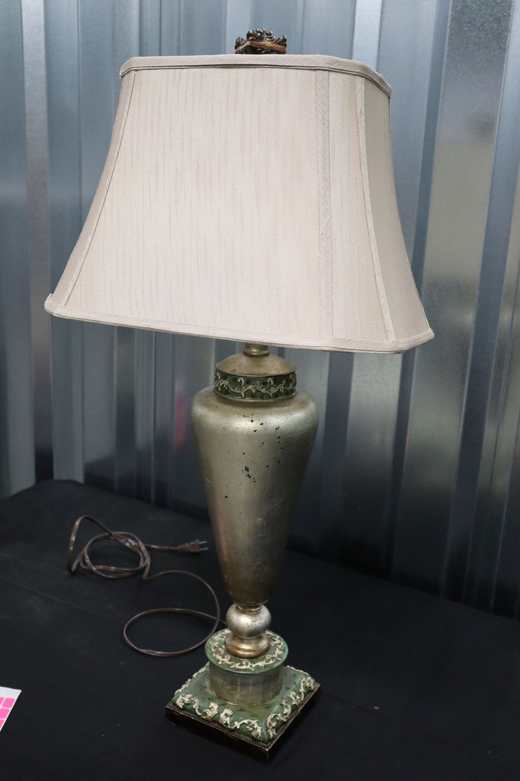 Silver Lamp with Green and Beige Accents