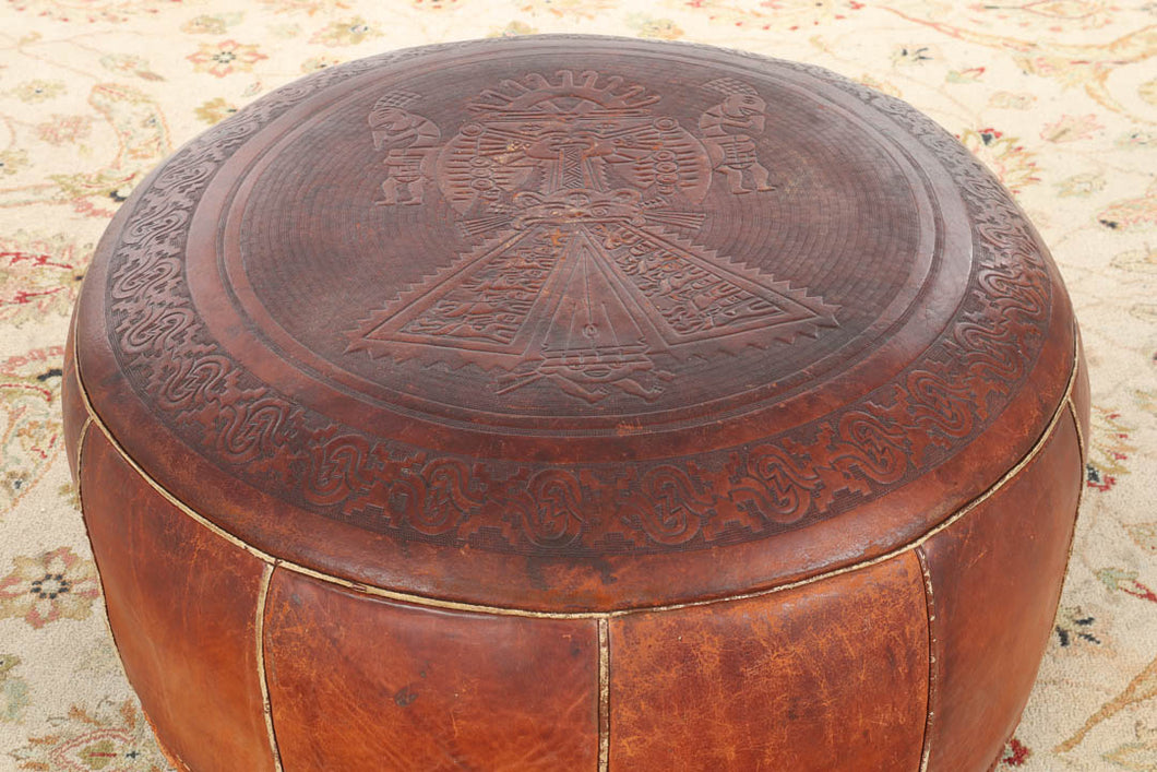 Leather Ottoman with Pyramid and Idols - South American or Mexican