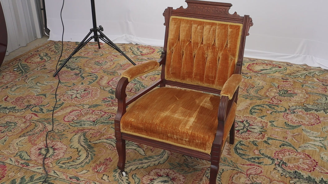 Antique Eastlake Arm Chair with Tufted Back - Orange Velvet