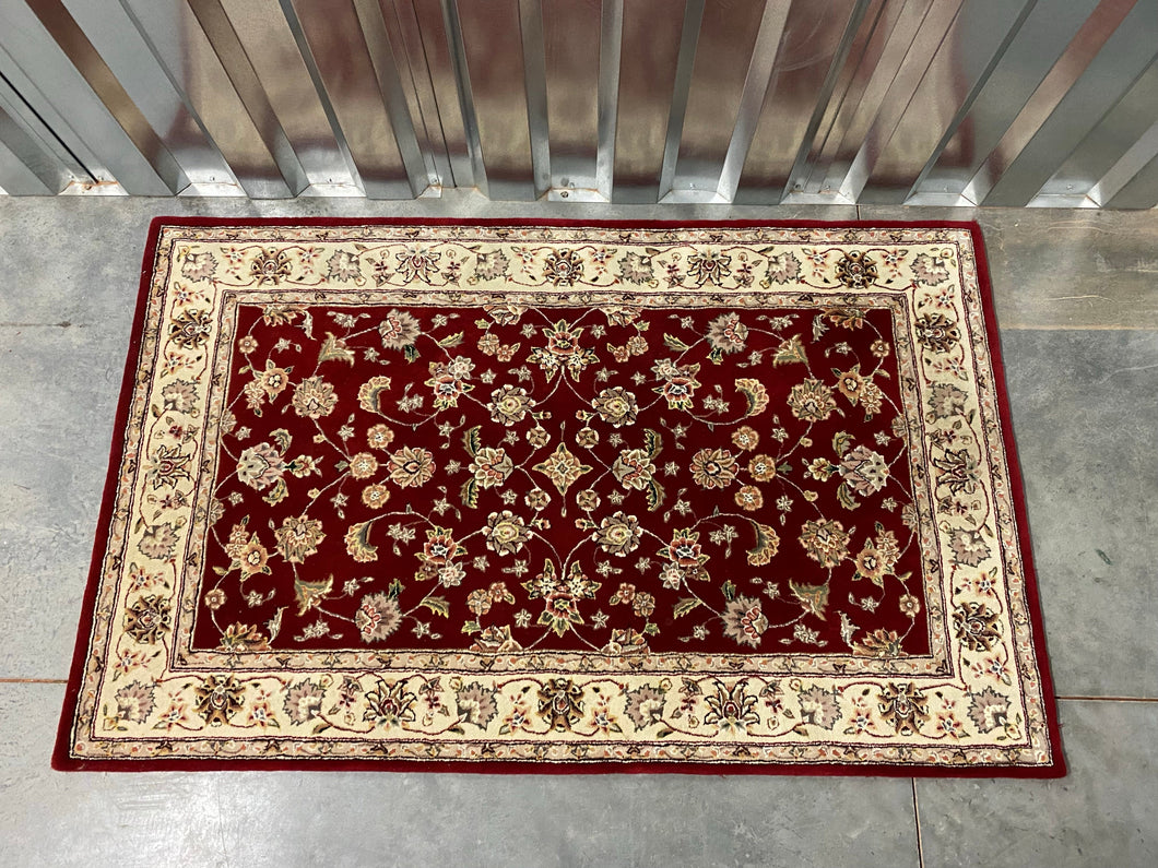 Hand Woven Red Floral Rug with Cream Border -68” x 42”
