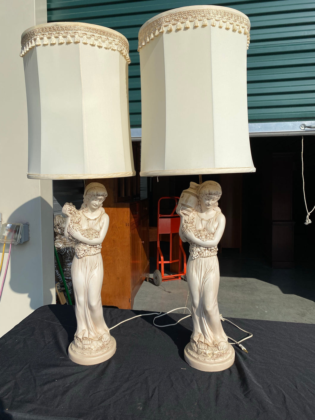 Pair of Ceramic Tall Roman Women Lamps